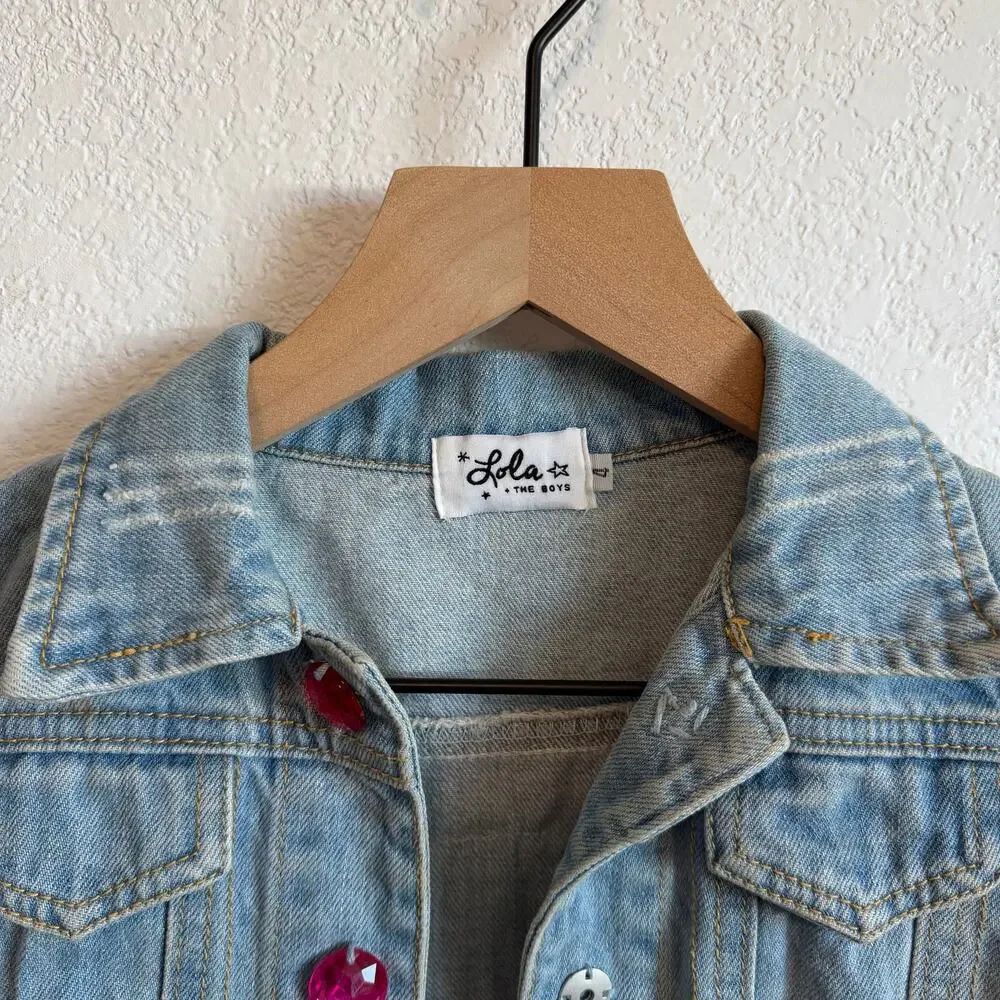 Lola + The Boys Girl's Somewhere Over The Rainbow Sequin Denim Jacket Blue 4